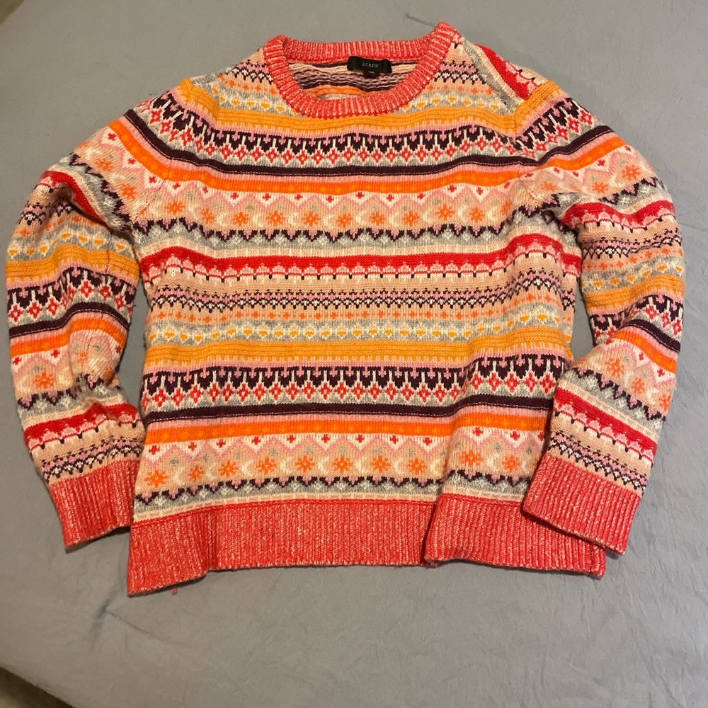 J. Crew Women's Fair Isle cropped crewneck sweater Cerise Peony XS Lambswool Lon